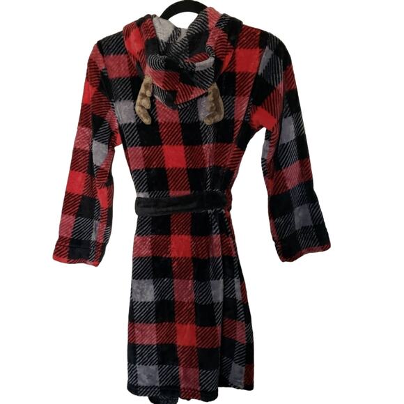 Cuddl Duds Hooded Robe Moose Antlers Youth Size Large Plaid Belted Animal Bath - Picture 2 of 9